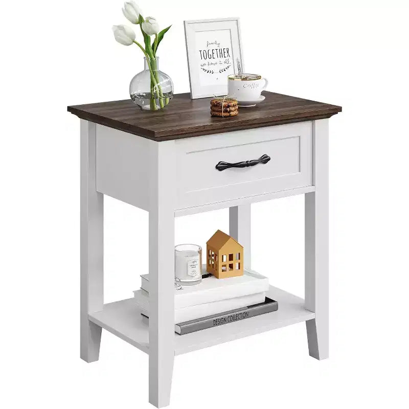 Comodino industriale grigio/bianco con cassetto e ripiano, 1–2 pezzi