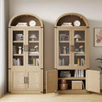 Libreria ad arco Marrone / Naturale / Nera / Bianca, Opzioni ante in vetro e rattan, 6 ripiani, Singola