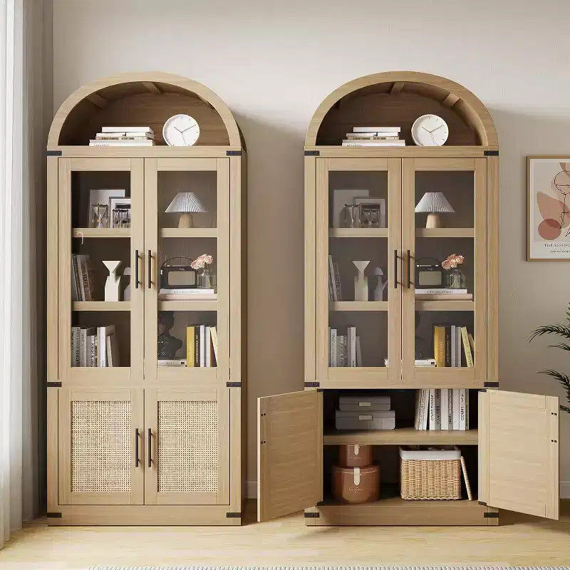 Libreria ad arco Marrone / Naturale / Nera / Bianca, Opzioni ante in vetro e rattan, 6 ripiani, Singola