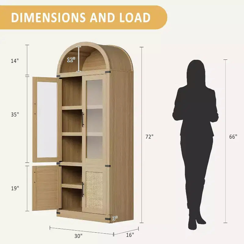 Libreria ad arco Marrone / Naturale / Nera / Bianca, Opzioni ante in vetro e rattan, 6 ripiani, Singola