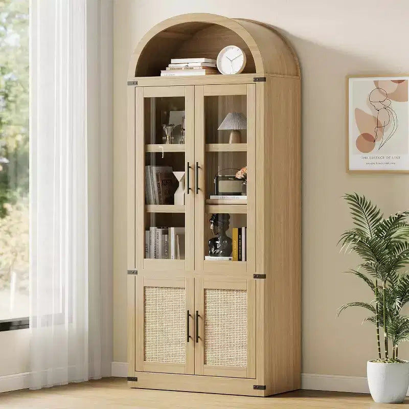 Libreria ad arco Marrone / Naturale / Nera / Bianca, Opzioni ante in vetro e rattan, 6 ripiani, Singola
