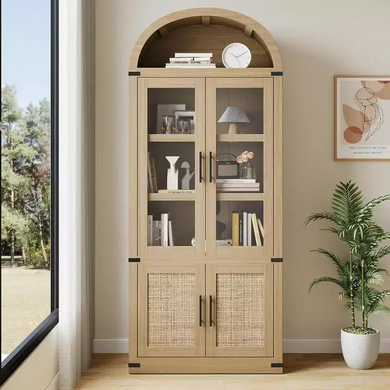 Libreria ad arco Marrone / Naturale / Nera / Bianca, Opzioni ante in vetro e rattan, 6 ripiani, Singola