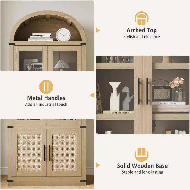 Libreria ad arco Marrone / Naturale / Nera / Bianca, Opzioni ante in vetro e rattan, 6 ripiani, Singola