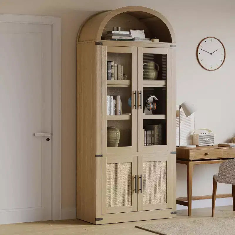 Libreria ad arco Marrone / Naturale / Nera / Bianca, Opzioni ante in vetro e rattan, 6 ripiani, Singola