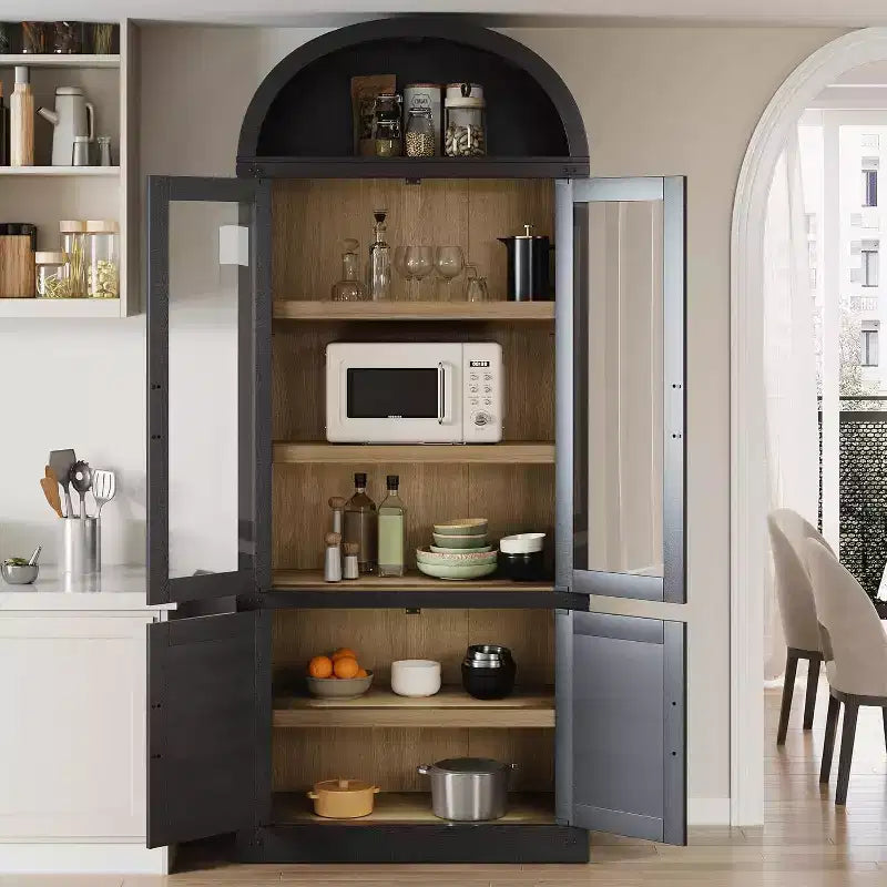 Libreria ad arco Marrone / Naturale / Nera / Bianca, Opzioni ante in vetro e rattan, 6 ripiani, Singola