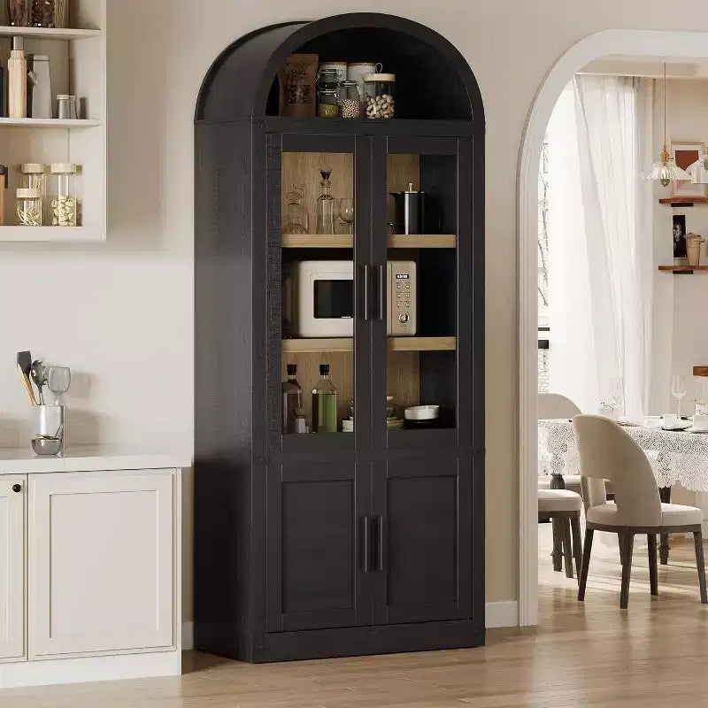 Libreria ad arco Marrone / Naturale / Nera / Bianca, Opzioni ante in vetro e rattan, 6 ripiani, Singola