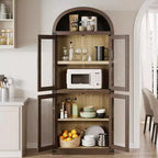 Libreria ad arco Marrone / Naturale / Nera / Bianca, Opzioni ante in vetro e rattan, 6 ripiani, Singola