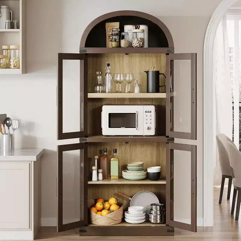 Libreria ad arco Marrone / Naturale / Nera / Bianca, Opzioni ante in vetro e rattan, 6 ripiani, Singola