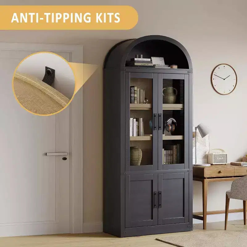 Libreria ad arco Marrone / Naturale / Nera / Bianca, Opzioni ante in vetro e rattan, 6 ripiani, Singola