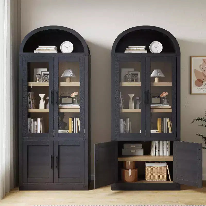 Libreria ad arco Marrone / Naturale / Nera / Bianca, Opzioni ante in vetro e rattan, 6 ripiani, Singola