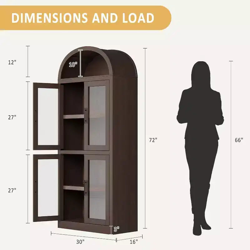 Libreria ad arco Marrone / Naturale / Nera / Bianca, Opzioni ante in vetro e rattan, 6 ripiani, Singola