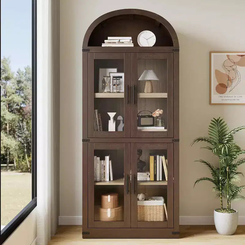 Libreria ad arco Marrone / Naturale / Nera / Bianca, Opzioni ante in vetro e rattan, 6 ripiani, Singola