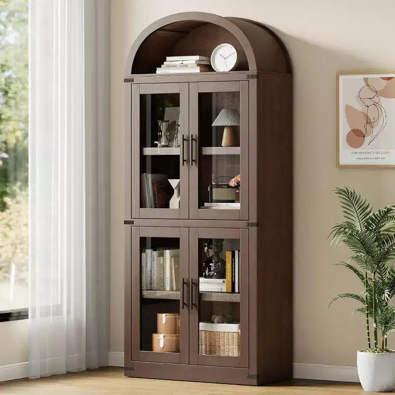 Libreria ad arco Marrone / Naturale / Nera / Bianca, Opzioni ante in vetro e rattan, 6 ripiani, Singola