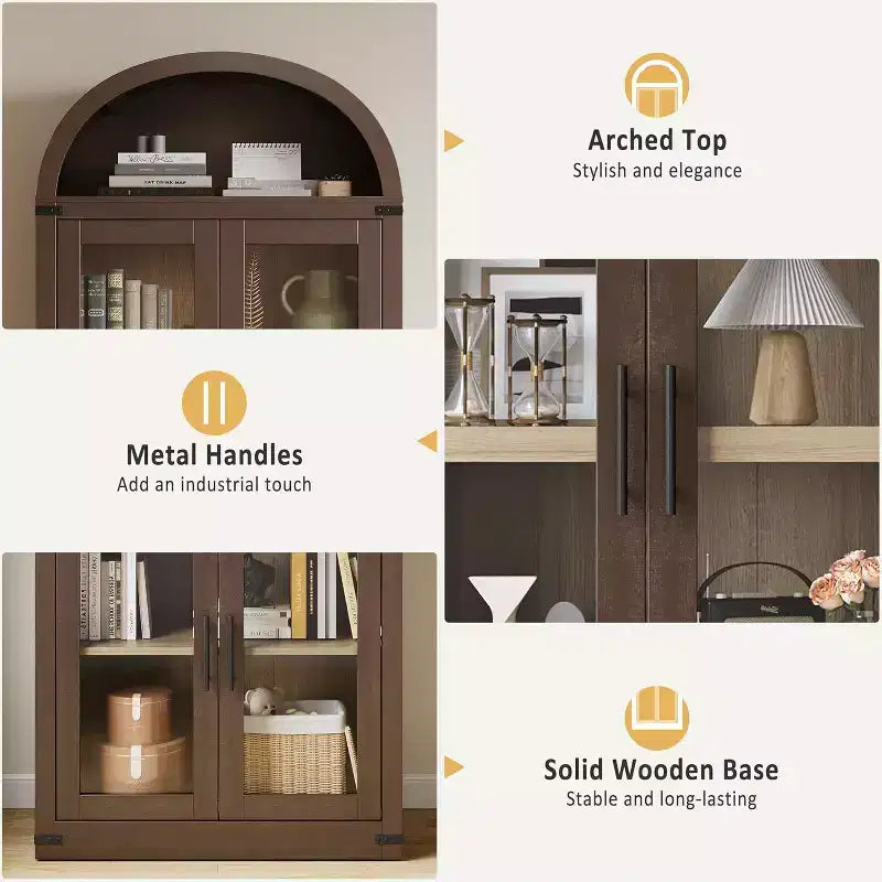 Libreria ad arco Marrone / Naturale / Nera / Bianca, Opzioni ante in vetro e rattan, 6 ripiani, Singola