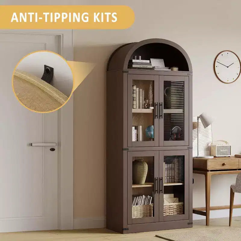 Libreria ad arco Marrone / Naturale / Nera / Bianca, Opzioni ante in vetro e rattan, 6 ripiani, Singola