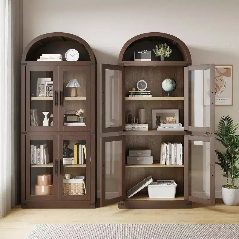 Libreria ad arco Marrone / Naturale / Nera / Bianca, Opzioni ante in vetro e rattan, 6 ripiani, Singola