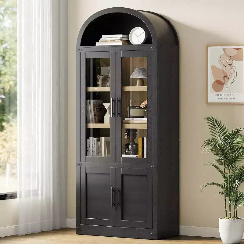 Libreria ad arco Marrone / Naturale / Nera / Bianca, Opzioni ante in vetro e rattan, 6 ripiani, Singola