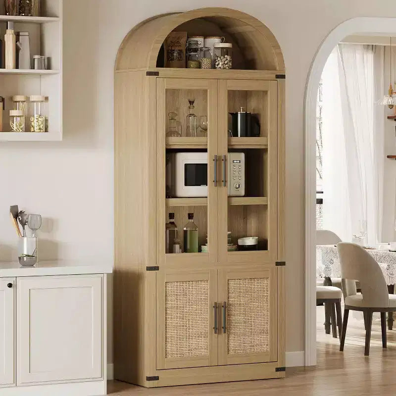 Libreria ad arco Marrone / Naturale / Nera / Bianca, Opzioni ante in vetro e rattan, 6 ripiani, Singola