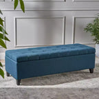 Panca Pouf Contenitore Trapuntata Blu Scuro, Gambe in Legno, 1 Posto