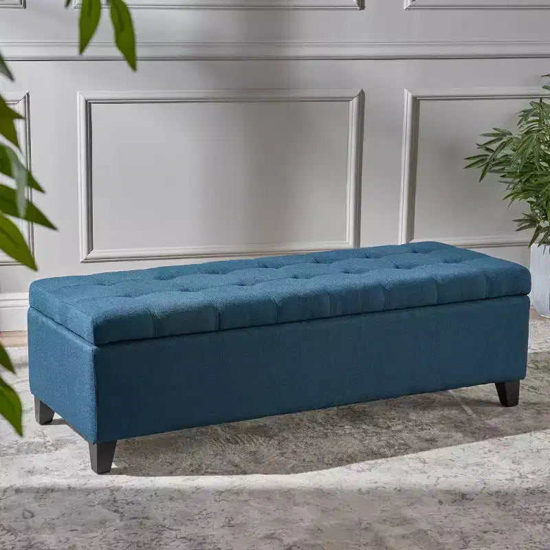 Panca Pouf Contenitore Trapuntata Blu Scuro, Gambe in Legno, 1 Posto
