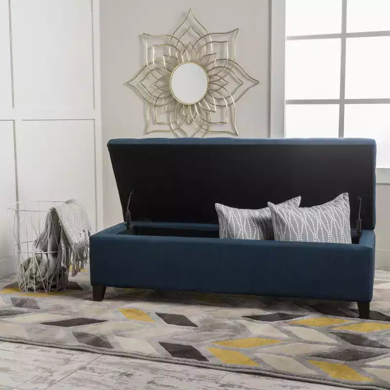 Panca Pouf Contenitore Trapuntata Blu Scuro, Gambe in Legno, 1 Posto