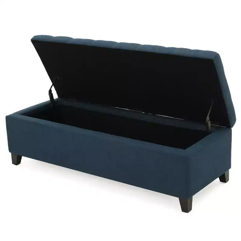 Panca Pouf Contenitore Trapuntata Blu Scuro, Gambe in Legno, 1 Posto