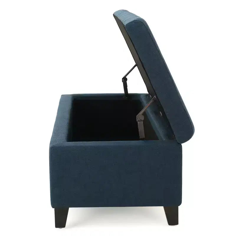 Panca Pouf Contenitore Trapuntata Blu Scuro, Gambe in Legno, 1 Posto
