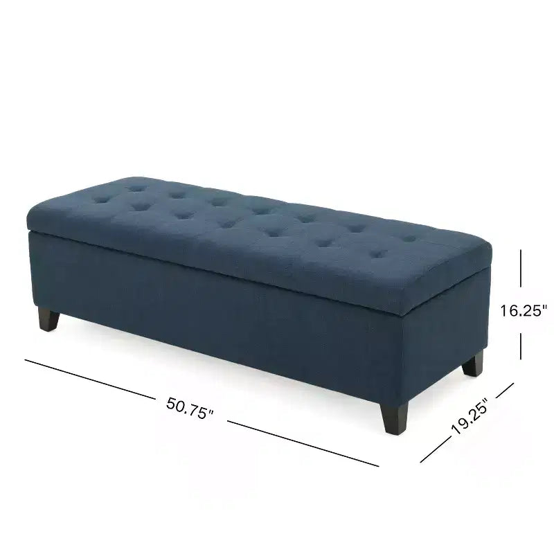 Panca Pouf Contenitore Trapuntata Blu Scuro, Gambe in Legno, 1 Posto