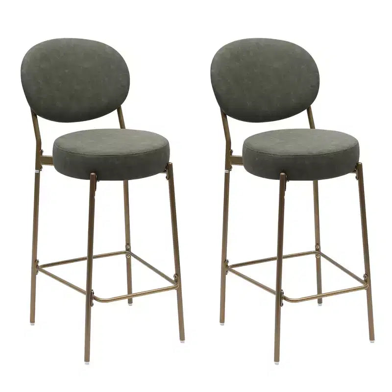 HomeRoots Set of Two 29 Green and Gold Faux Leather and Metal Low Back Bar Height Bar Chairs