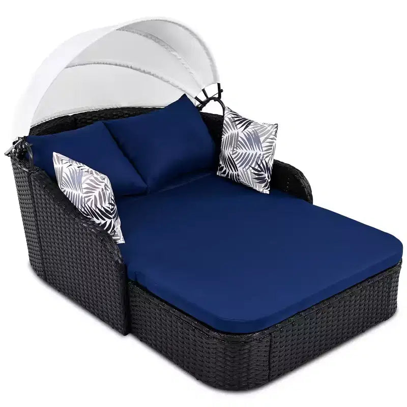 Lettino da esterno 2 posti in PE Rattan Beige/Blu con tettuccio regolabile