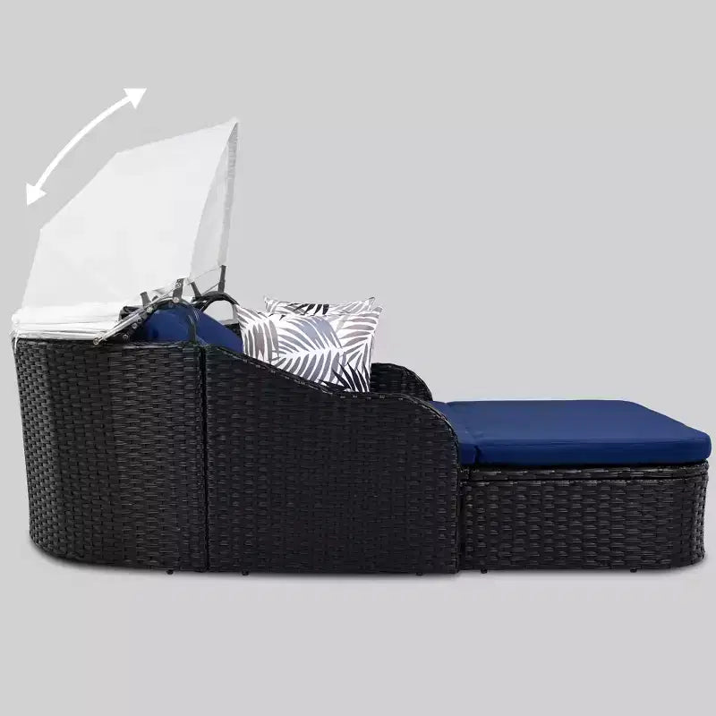 Lettino da esterno 2 posti in PE Rattan Beige/Blu con tettuccio regolabile