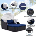 Lettino da esterno 2 posti in PE Rattan Beige/Blu con tettuccio regolabile