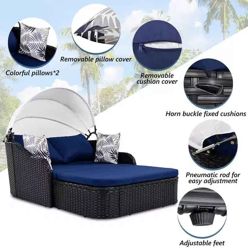 Lettino da esterno 2 posti in PE Rattan Beige/Blu con tettuccio regolabile