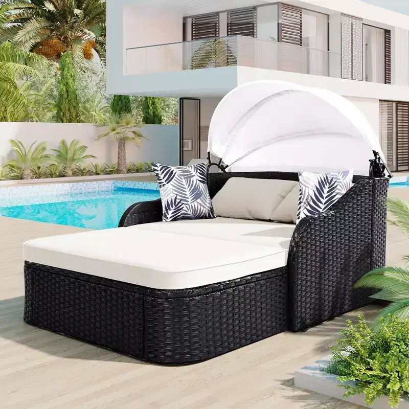 Lettino da esterno 2 posti in PE Rattan Beige/Blu con tettuccio regolabile