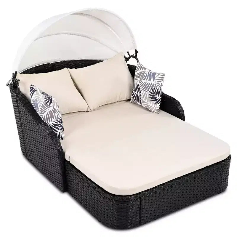 Lettino da esterno 2 posti in PE Rattan Beige/Blu con tettuccio regolabile