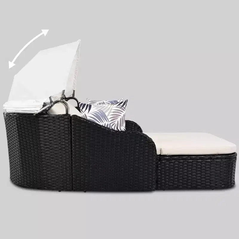 Lettino da esterno 2 posti in PE Rattan Beige/Blu con tettuccio regolabile