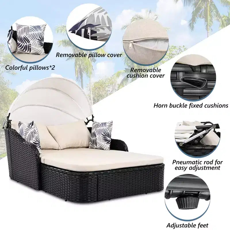 Lettino da esterno 2 posti in PE Rattan Beige/Blu con tettuccio regolabile