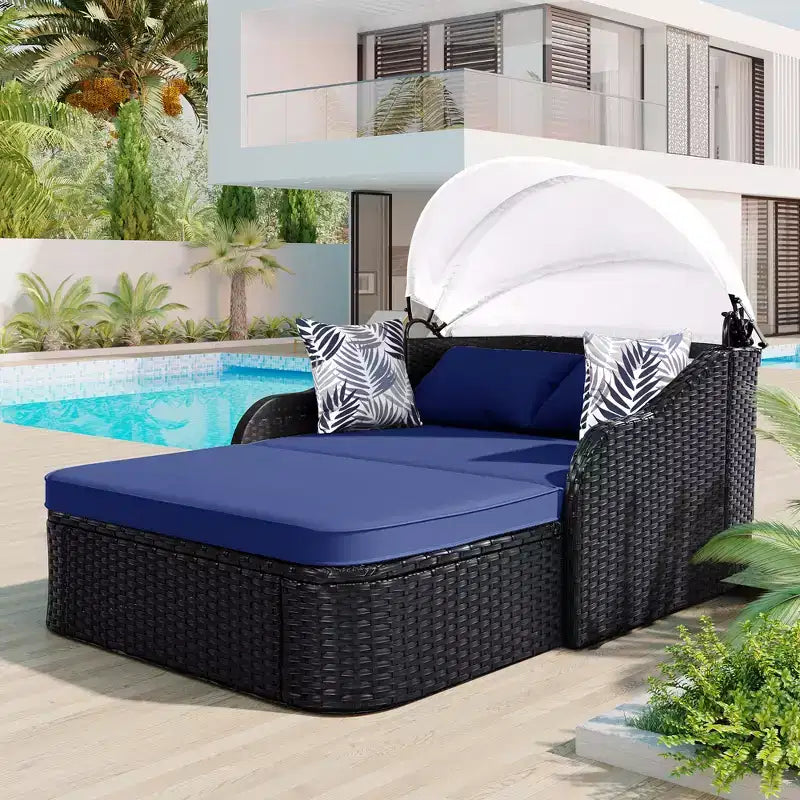 Lettino da esterno 2 posti in PE Rattan Beige/Blu con tettuccio regolabile