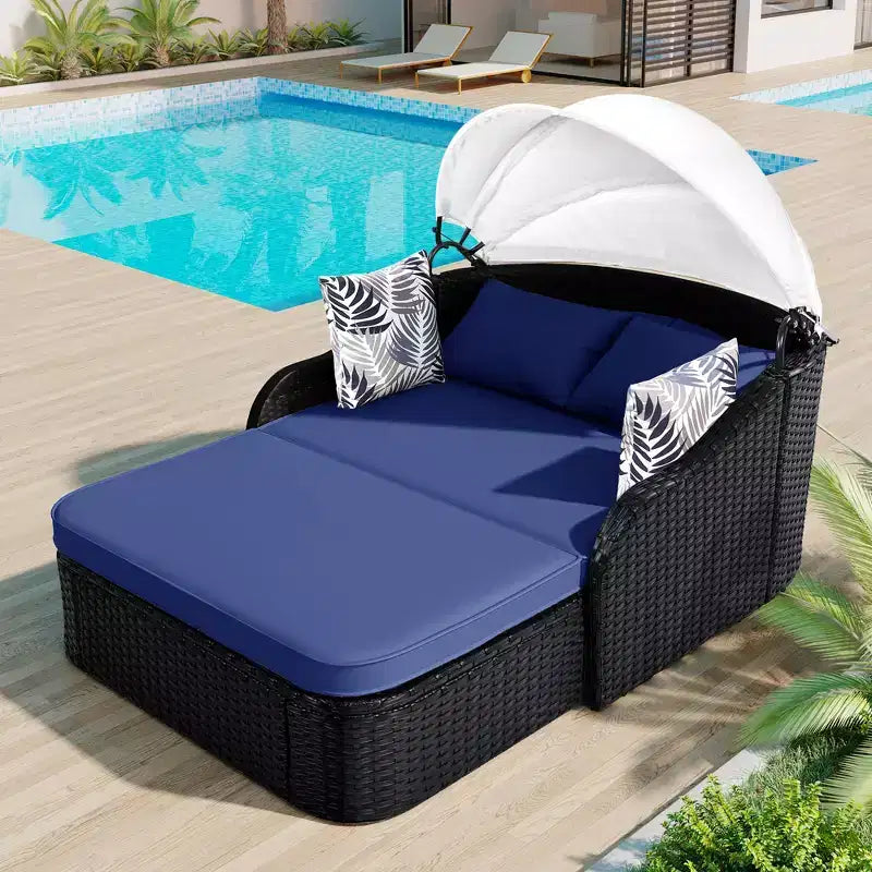 Lettino da esterno 2 posti in PE Rattan Beige/Blu con tettuccio regolabile