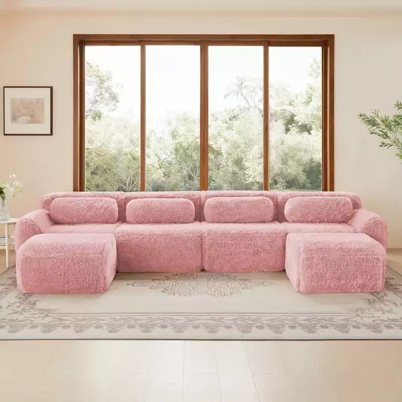 Divano componibile a U a 4 posti color cioccolato / grigio scuro / kaki chiaro / rosa