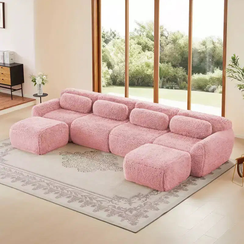 Divano componibile a U a 4 posti color cioccolato / grigio scuro / kaki chiaro / rosa
