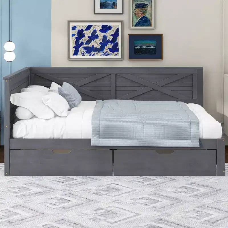 Divano letto doppio grigio-marrone in legno con cassetti contenitore, 1 persona