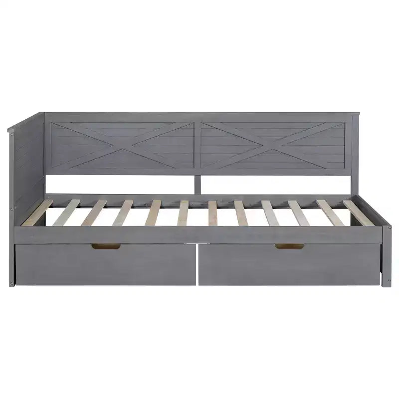 Divano letto doppio grigio-marrone in legno con cassetti contenitore, 1 persona