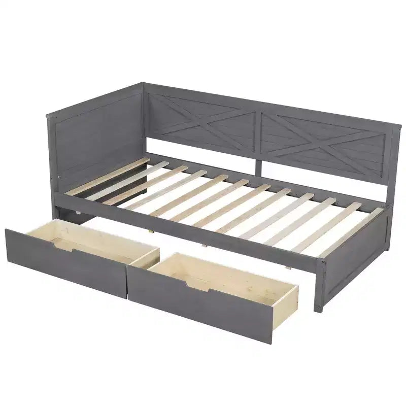 Divano letto doppio grigio-marrone in legno con cassetti contenitore, 1 persona