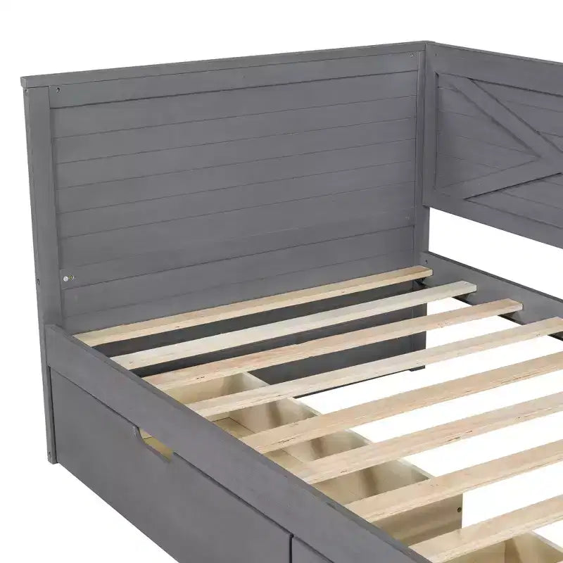 Divano letto doppio grigio-marrone in legno con cassetti contenitore, 1 persona