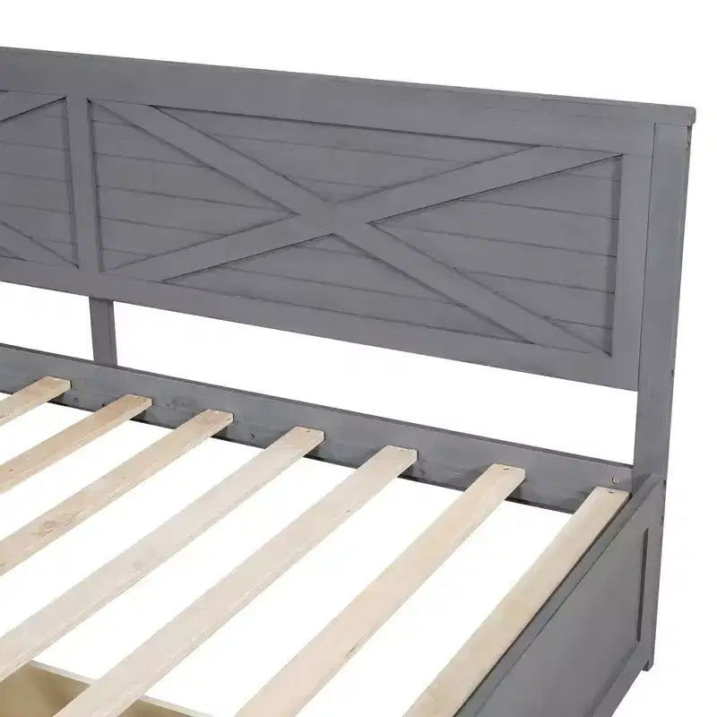 Divano letto doppio grigio-marrone in legno con cassetti contenitore, 1 persona