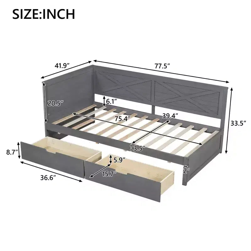 Divano letto doppio grigio-marrone in legno con cassetti contenitore, 1 persona