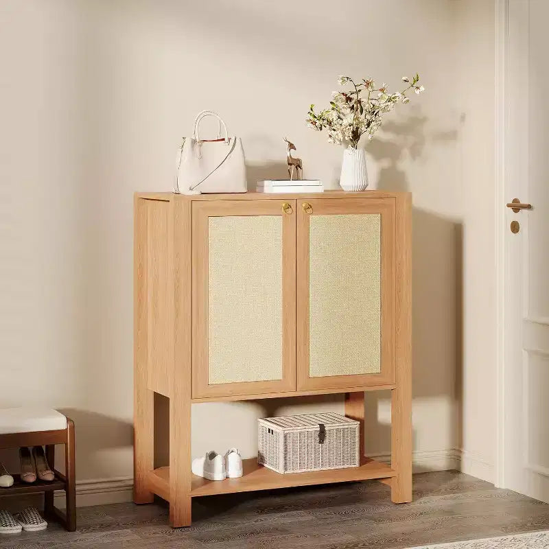 Rattan Shoe Cabinet for Entryway, 5-Tier Freestanding Wood Shoe Rack, Adjustable Shelves, Open Storage Organizer for Hallway, Living Room, Dark Oak