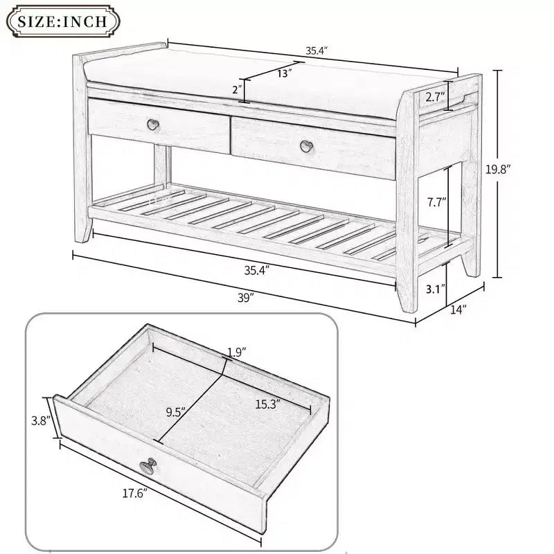 Panca scarpiera espresso con 2 cassetti e cuscino, 1 posto