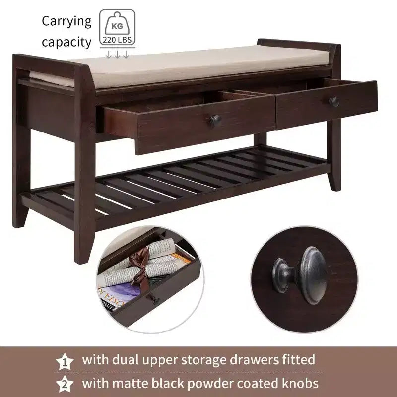 Panca scarpiera espresso con 2 cassetti e cuscino, 1 posto